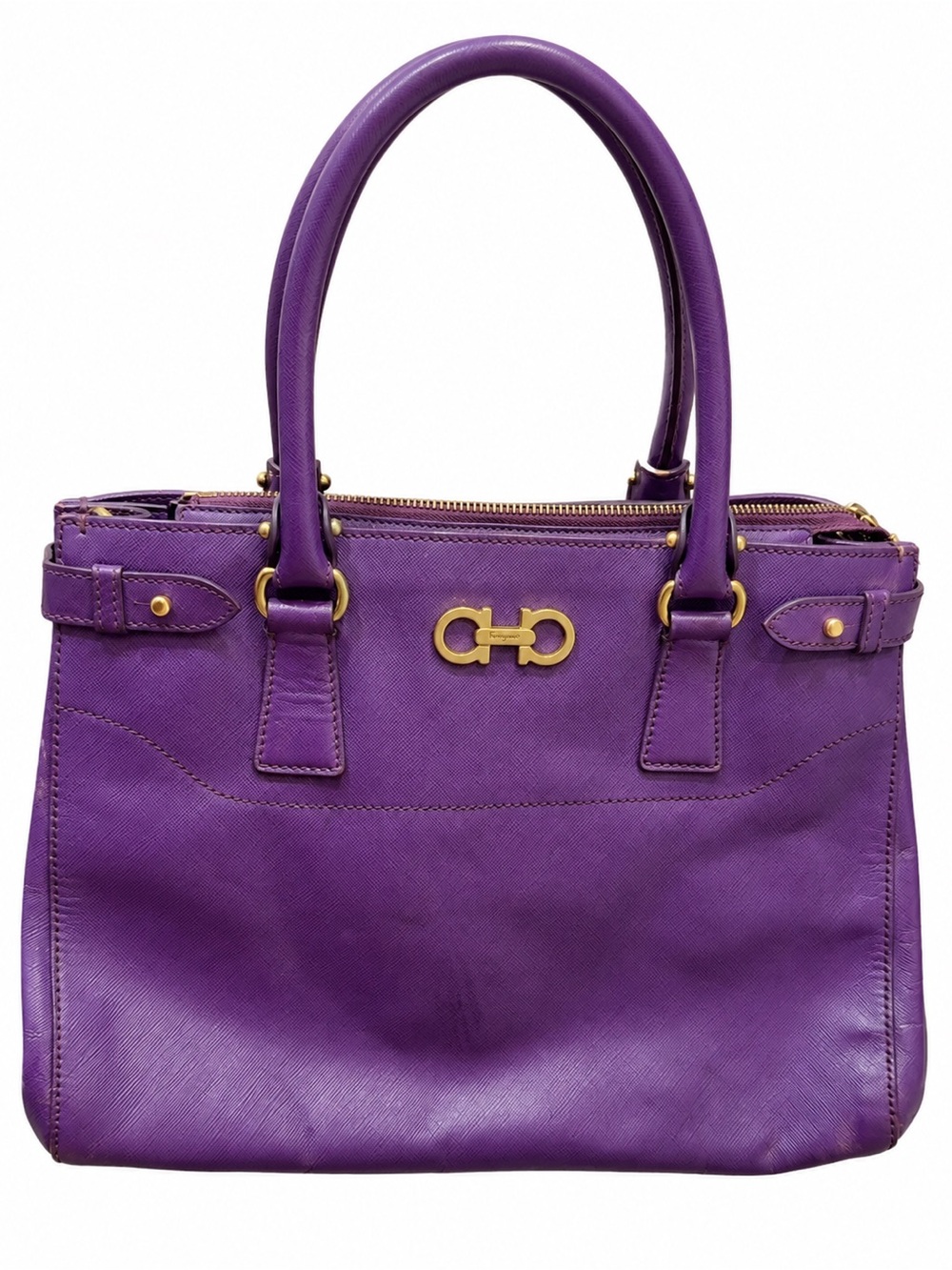 Salvatore Ferragamo Purple Leather Double-Handle Satchel with Gold Hardware